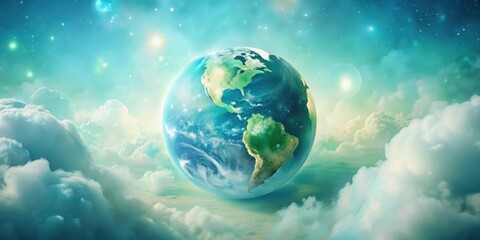 Wall Mural - a serene celestial view earth suspended amidst dreamlike clouds and sparkling stars