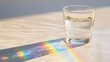 © Lush Diaries - A glass of water sits on a table, casting a rainbow-like reflection. The sunlight creates a magical atmosphere.