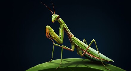 Illustration of a green praying mantis perched on a leaf