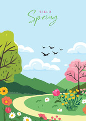 Wall Mural - spring landscape background with mountain and tree for a4 vertical design