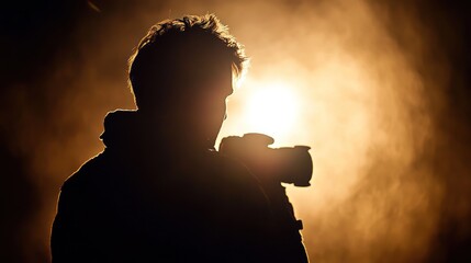 Silhouette of a Photographer at Sunset, Capturing the Golden Hour