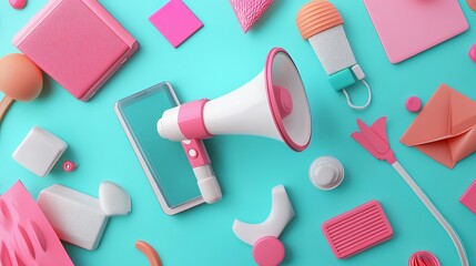 Wall Mural - realistic 3d rendering of a megaphone with smartphone depicting digital marketing concept, symbolizi