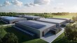 © a muh sakaria - Aerial view of modern data center complex with solar panels, surrounded by trees and fields