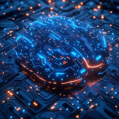Wall Mural - digital ai chip integrated into a futuristic brain, glowing neon blue circuitry with ample dark copy