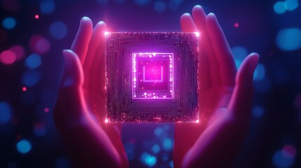 Wall Mural - wireframe hands showcasing a glowing ai chip hologram on a sleek blue gradient tech background, emph