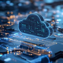 Wall Mural - sleek cloud illustration surrounded by glowing data nodes and digital circuit patterns, symbolizing 