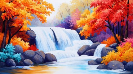 Wall Mural - Vibrant autumn waterfall surrounded by colorful foliage