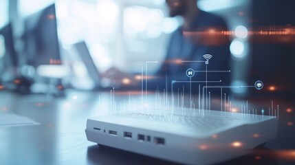 Wall Mural - Office worker, tech, data, network, progress, blurred background