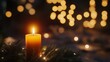 © Lush Diaries - A single, flickering candle sits amongst evergreen branches and soft, warm lights. A peaceful and contemplative scene.