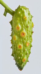 Close-up of a prickly green fruit, possibly a horned melon or similar species, hanging from its vine against a neutral background. 