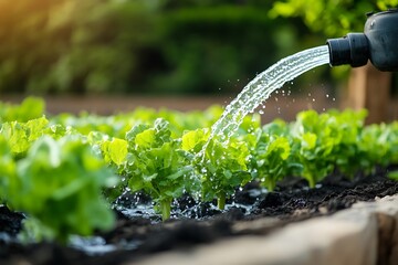 Wall Mural - Watering Fresh Garden Lettuce Plants