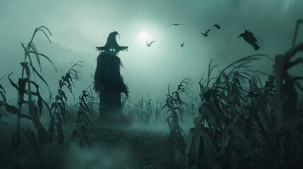 Wall Mural - A lonely scarecrow standing in a misty cornfield at twilight, its eyes glowing faintly