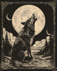 Sticker - A detailed hand-drawn ink illustration of a majestic wolf howling at the moon