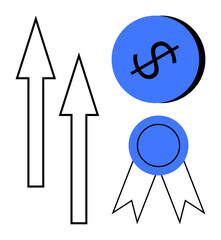 Three ascending arrows, a blue circle with a dollar sign, and a blue award ribbon. Ideal for growth, success, finance, achievement, economic progress investment motivation. Minimalist abstract