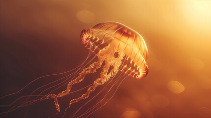 Wall Mural - A giant floating jellyfish made of glass, drifting through a golden sunset sky