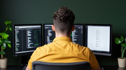 Focused professional coder working with multiple screens in modern workspace
