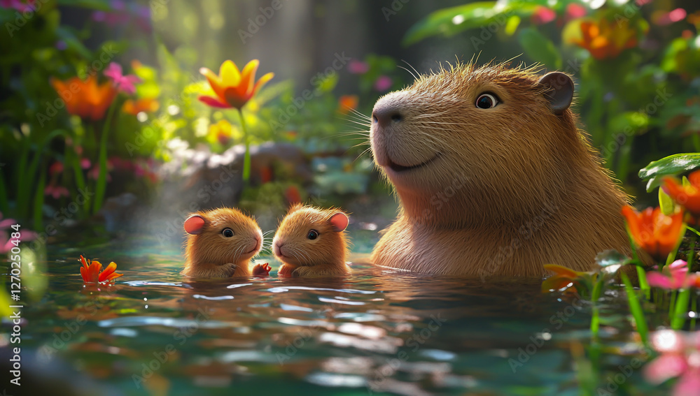 Adorable capybara and two baby rabbits relaxing together in a hot ...