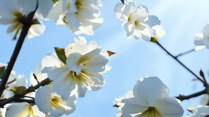 Wall Mural - A beautiful springtime scene featuring pear tree branch blooming delicate white flowers swaying softly vibrant blue sky slow motion
