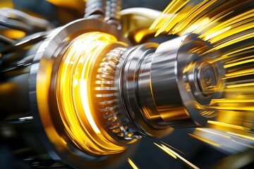 Poster - Metallic engine component with golden light streaks creating a dynamic and futuristic design
