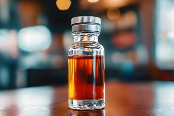 Aufkleber - Amber Liquid in a Glass Bottle with Silver Cap on a Wooden Table with Bokeh Background