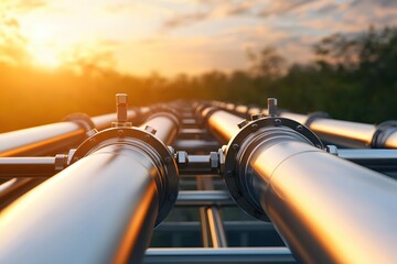 Aufkleber - Industrial Pipeline at Sunset Reflecting Golden Light on Metal Pipes for Energy Transport