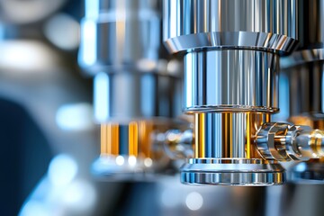 Poster - Gleaming Chrome Cylinder Assembly Precision Engineering with Abstract Bokeh Background