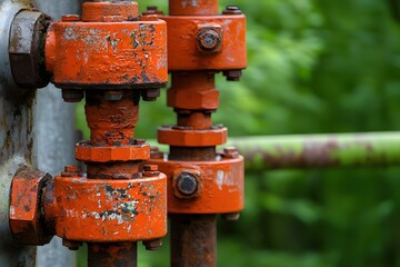 Poster - Industrial orange metal pipes with bolts and nuts against a blurred green background scene