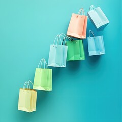 Poster - Pastel Shopping Bags Arranged in a Gradient on a Turquoise Background Retail Therapy Concept