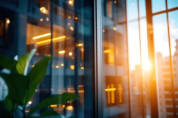 Poster - Modern office building window reflecting cityscape at sunset with plant in foreground