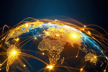 Fototapete - Global Connectivity Network World Map with Golden Light Trails and Nodes on Dark Blue Background
