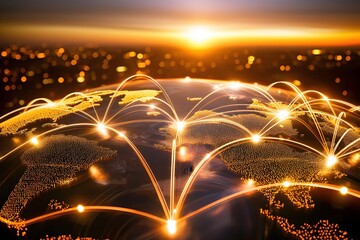 Poster - Global network connections shining over earth with city lights and sunset in the background