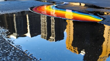 Poster - Colorful urban reflection in a puddle on asphalt showing buildings and rainbow with artistic flair and street photography style capturing the essence of city life