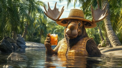 Bear in a hat holding a drink and moose wearing a straw hat relaxing together in a natural setting