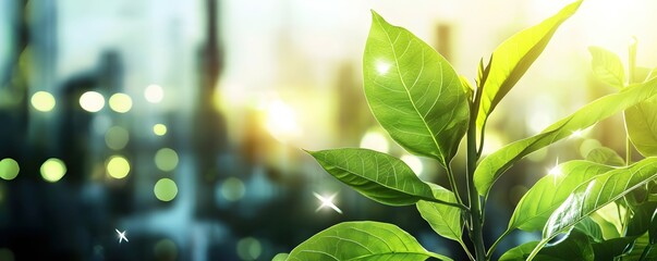 Poster - Fresh Green Leaves Glowing in Sunlight Symbolizing Growth and Renewal in a Blurred Backdrop
