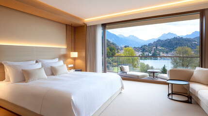 Wall Mural - Luxurious hotel suite with plush furniture and scenic mountain views