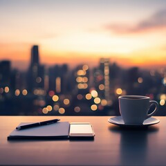 Wall Mural - Evening Coffee with City View Notebook and Pen on Desk at Sunset Time for Business Plan