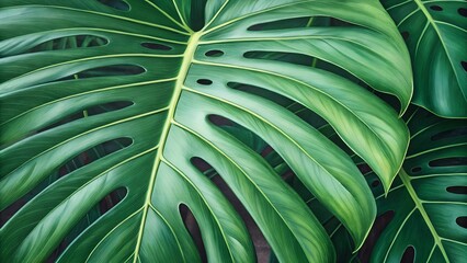 Monstera deliciosa leaf texture:Close-up view of vibrant green Monstera deliciosa leaves, showcasing the unique texture and patterns of the foliage. The image offers a lush, tropical feel.