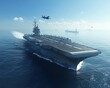 © Thanaseth - A panoramic military scene showing an aircraft carrier in action, jets soaring above, naval fleet in the distance, clear blue sky, ultrarealistic, 8K UHD