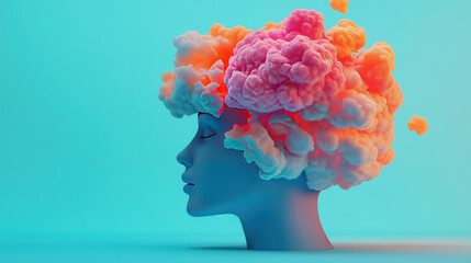 Wall Mural - young woman with colorful cloud wig sculpture 3d render style cloudy puffy calm peaceful mental health concept space for copy text