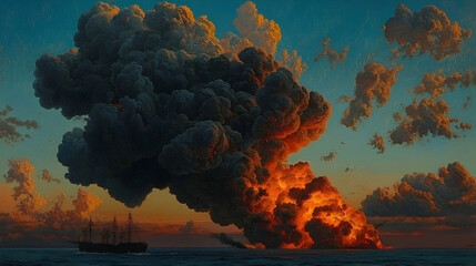 Burning ship at sea, dramatic sunset, ocean fire, apocalyptic cloudscape, disaster at sunset, artwork