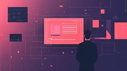 a coder standing in front of a glowing futuristic interface with digital screens and abstract data elements in a modern cyber-themed setting

