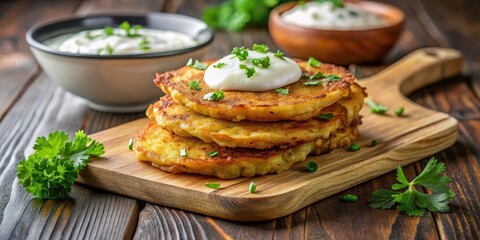 Golden brown potato pancakes with yogurt sauce and herbs on a wooden board, herbs, potato pancake