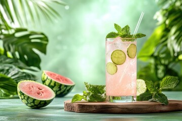 Wall Mural - Refreshing Summer Drink with Mint, Cucumber, and Watermelon on a Tropical Background