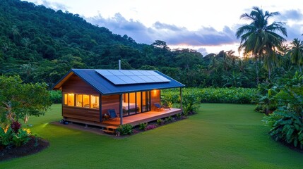 Poster - A cozy wooden cabin surrounded by lush greenery, set against a backdrop of hills under a twilight sky.