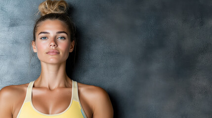 Wall Mural - Athletic woman in vivid sport bra posing confidently against dark wall