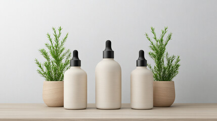 Wall Mural - Minimalist cosmetic bottles with plants on wooden shelf