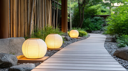 Wall Mural - Softly glowing lanterns illuminate serene garden pathway, creating tranquil atmosphere