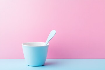 Wall Mural - Pastel Blue Bowl and Spoon on Pink and Blue Background