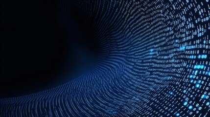 Blue binary code streams across a dark abstract space