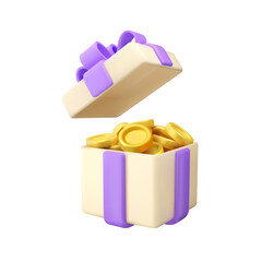Vector 3d gift box with golden coins. Cartoon present icon with gold money, reward idea. Bonus money prize illustration, isolated on white background
